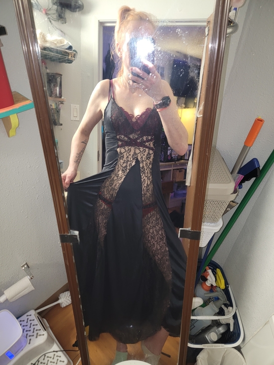 lady desirree Other - Sheer Lace-Panel Black Nightgown with Burgundy Trim
